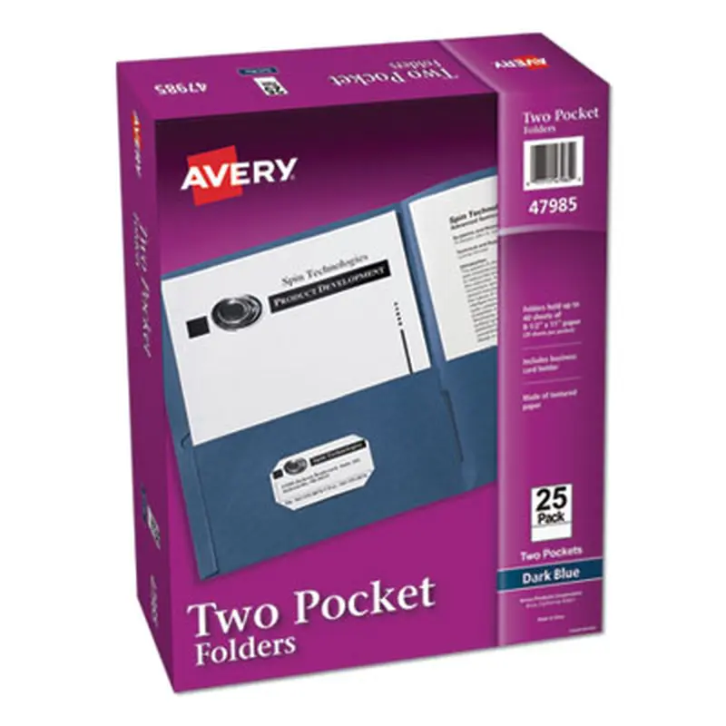 Two-Pocket Folder, 40-Sheet Capacity, 11 x 8.5, Dark Blue, 25/Box - Pocket Folders | Avery