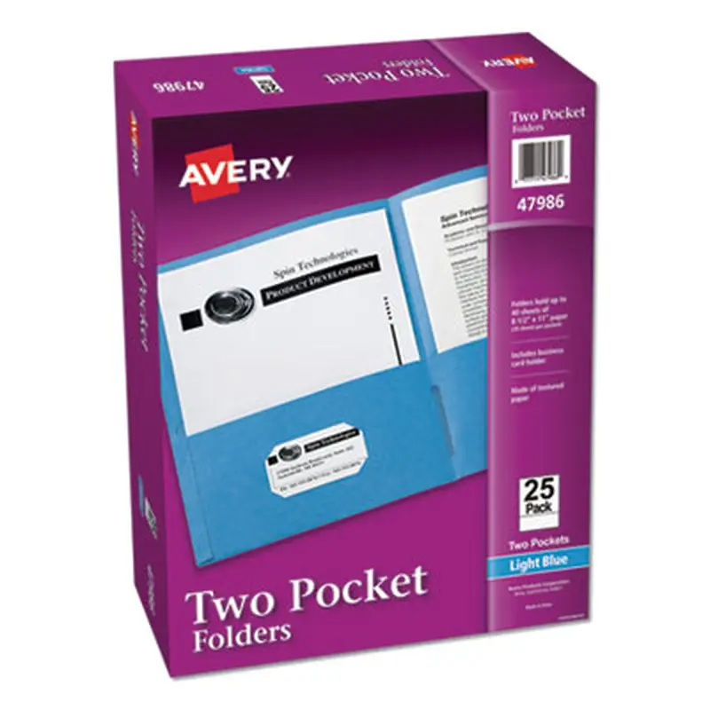 Two-Pocket Folder, 40-Sheet Capacity, 11 x 8.5, Light Blue, 25/Box - Pocket Folders | Avery