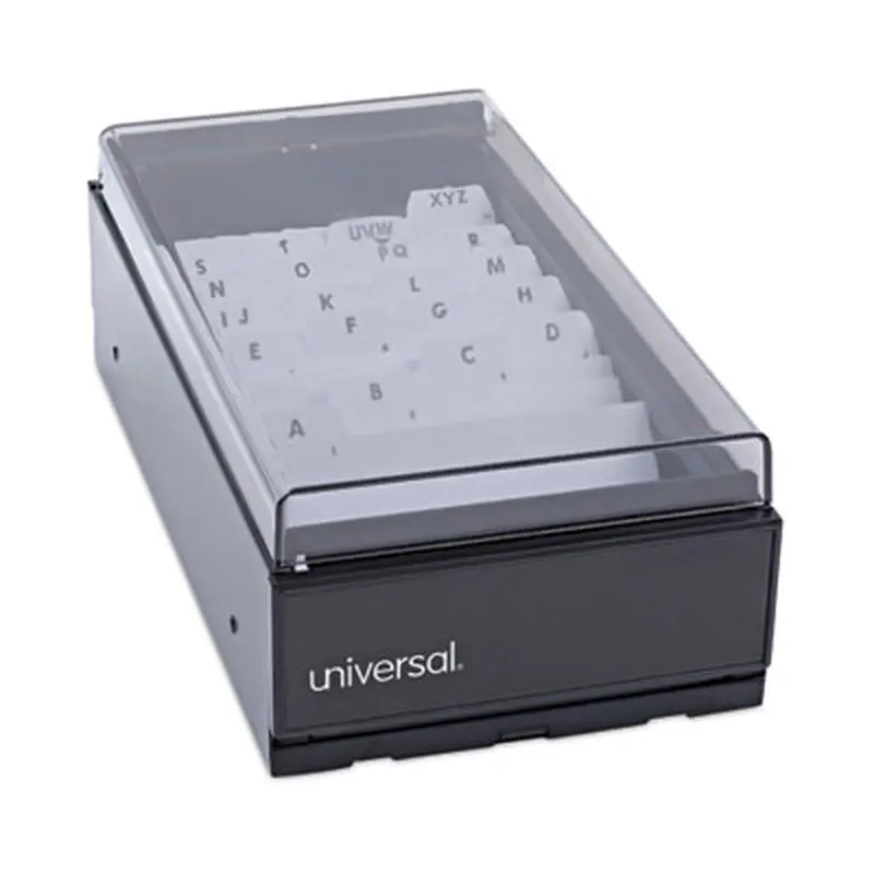 Business Card File, Holds 600 2 x 3.5 Cards, 4.25 x 8.25 x 2.5, Metal/Plastic, Black - Card Holders | Universal