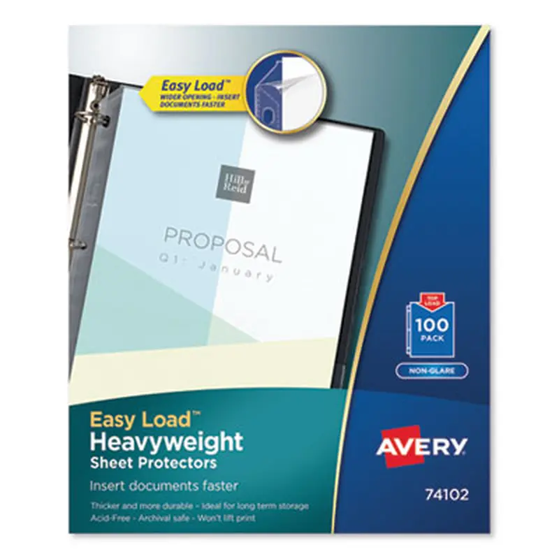 Heavyweight Easy Load Non-Glare Sheet Protector, Side: 3-Hole Punched, Top Load 8.5 x 11 Insert, Clear Front, 100/Box - Sheet Protectors | Avery