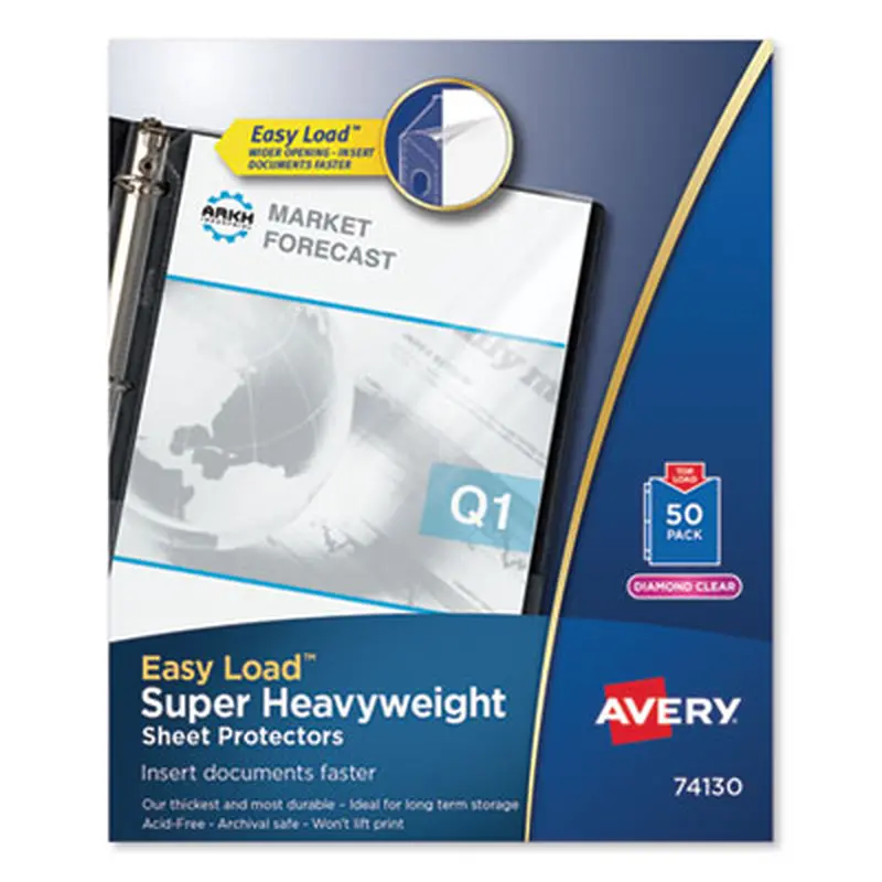 Super Heavyweight Easy Load Diamond Clear Sheet Protector, Side: 3-Hole Punched, Top Load 8.5 x 11 Insert, Clear, 50/Box - Sheet Protectors | Avery