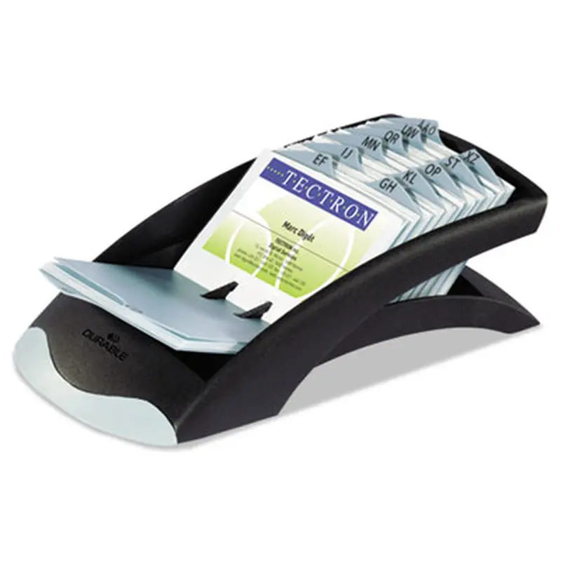 VISIFIX Desk Business Card File, Holds 200 2.88 x 4.13 Cards, 5 x 9.31 x 3.56, Plastic, Graphite/Black - Card Holders | Durable