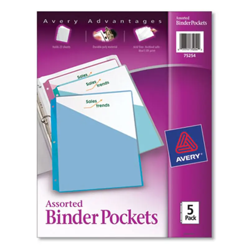 Binder Pockets, 3-Hole Punched, 9.25 x 11, Assorted Colors, 5/Pack - Binder Pockets | Avery
