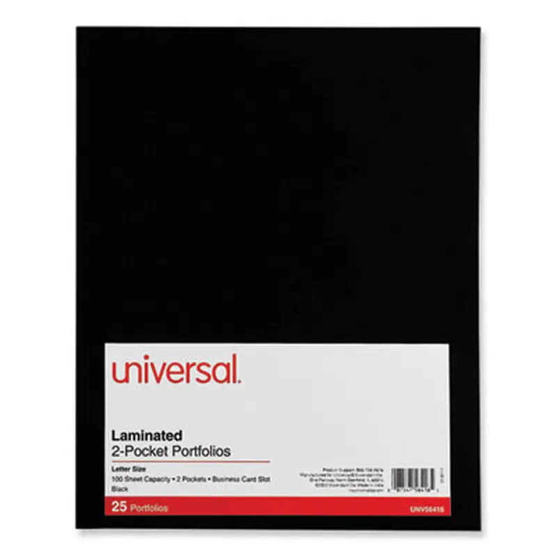 Laminated Two-Pocket Folder, Cardboard Paper, 100-Sheet Capacity, 11 x 8.5, Black, 25/Box - Pocket Folders | Universal