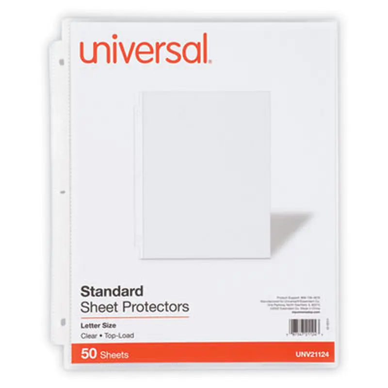 Standard Sheet Protectors, Medium-Duty, Side: 3-Hole Punched, Top Load 8.5 x 11 Insert, Clear Front, 50/Pack - Sheet Protectors | Universal