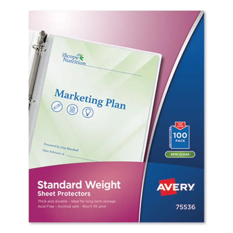 Standard Weight Sheet Protector, Medium-Duty, Side: 3-Hole Punched, Top Load 8.5 x 11 Insert, Semi-Clear Front, 100/Box - Sheet Protectors | Avery
