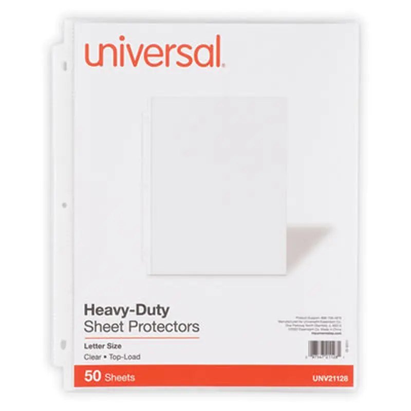 Deluxe Heavyweight Sheet Protector, Side: 3-Hole Punched, Top Load 8.5 x 11 Insert, Clear Front, 50/Pack - Sheet Protectors | Universal