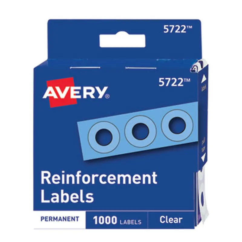 Dispenser Pack Hole Reinforcements, 0.25" Dia, Clear, 1,000/Pack, (5722) - Hole Reinforcement Labels | Avery