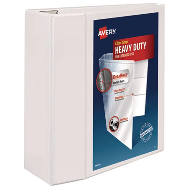 Heavy-Duty View Binder with DuraHinge and Locking One Touch EZD Rings, 3 Rings, 5" Capacity, 11 x 8.5, White - Binders | Avery