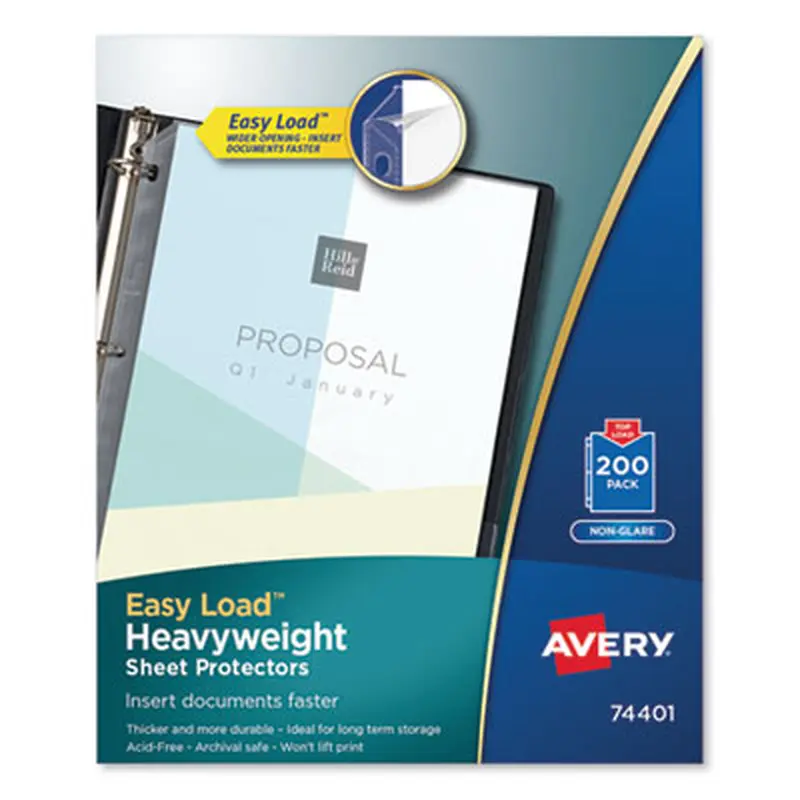 Heavyweight Easy Load Non-Glare Sheet Protector Value Pack, Side: 3-Hole Punched, Top Load 8.5 x 11 Insert, Clear, 200/Box - Sheet Protectors | Avery
