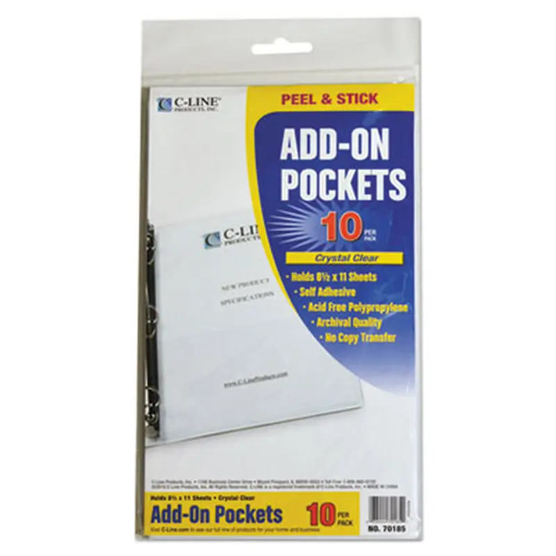 Peel and Stick Add-On Filing Pockets, 8.5 x 11, Clear, 10/Pack - File Jackets/Sleeves/Wallets | C-Line