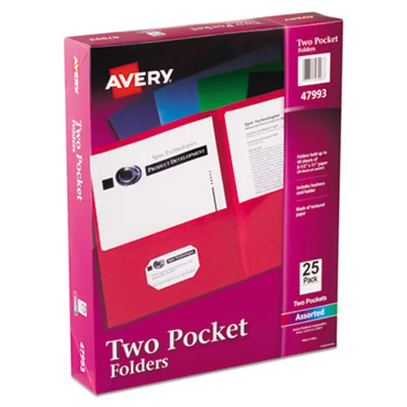 Two-Pocket Folder, 40-Sheet Capacity, 11 x 8.5, Assorted Colors, 25/Box - Pocket Folders | Avery