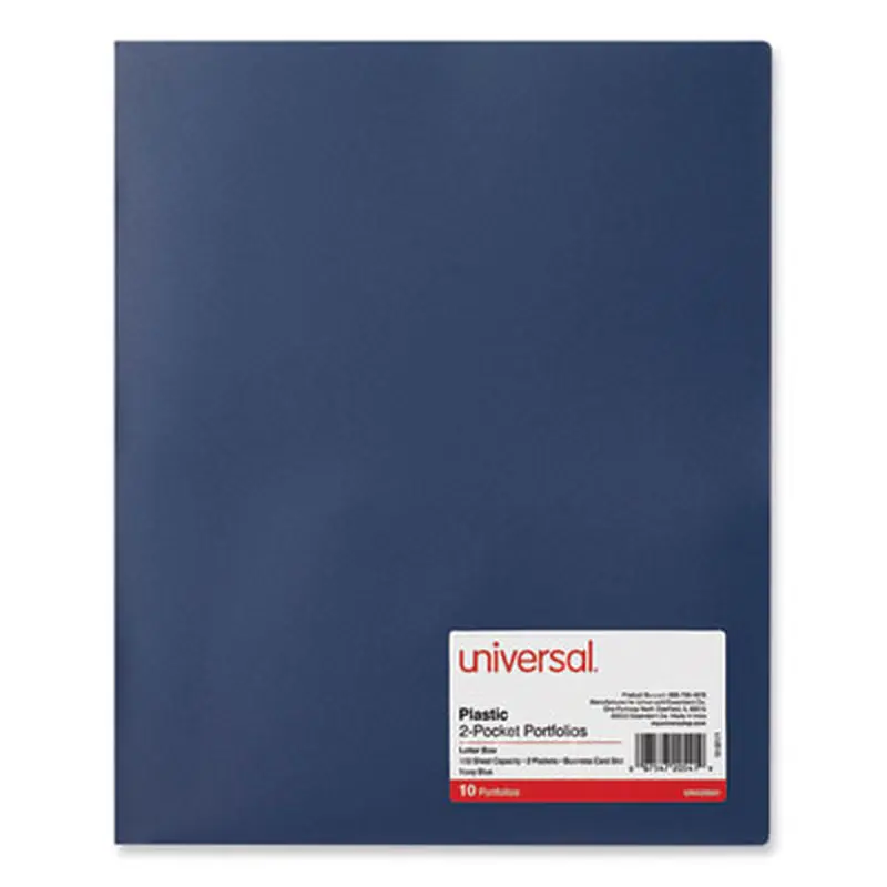 Two-Pocket Plastic Folders, 100-Sheet Capacity, 11 x 8.5, Navy Blue, 10/Pack - Pocket Folders | Universal