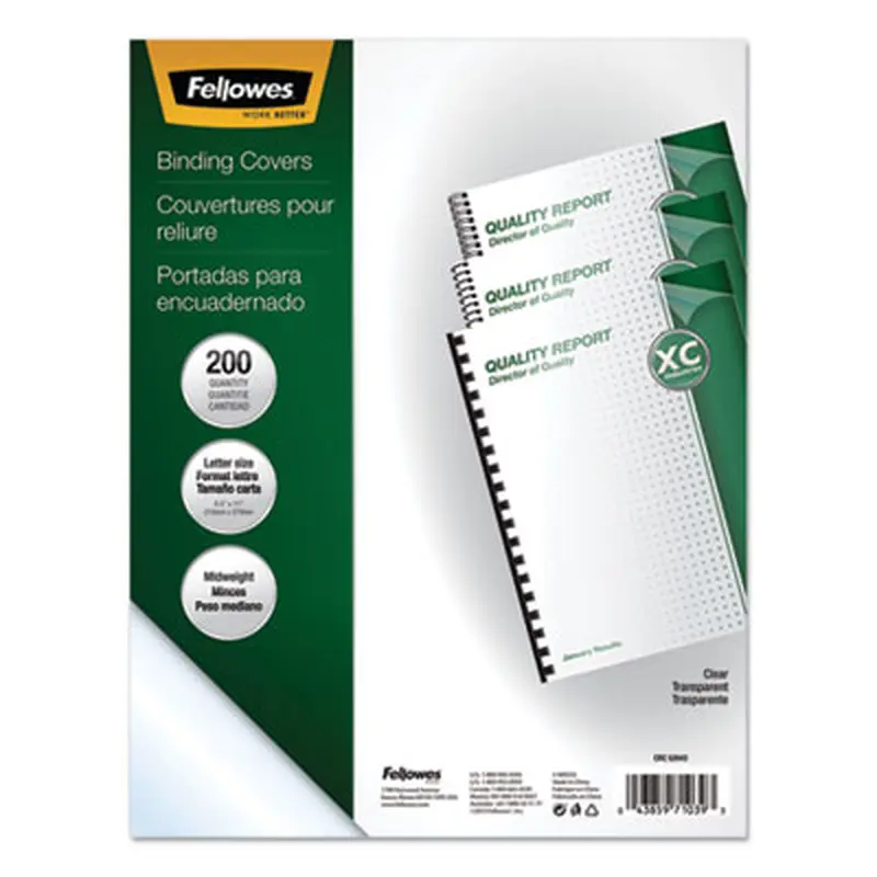 Crystals Transparent Presentation Covers for Binding Systems, Plastic, Square Corners, 11 x 8.5, Gloss Clear, 200/Pack - Binding Systems Covers | Fellowes