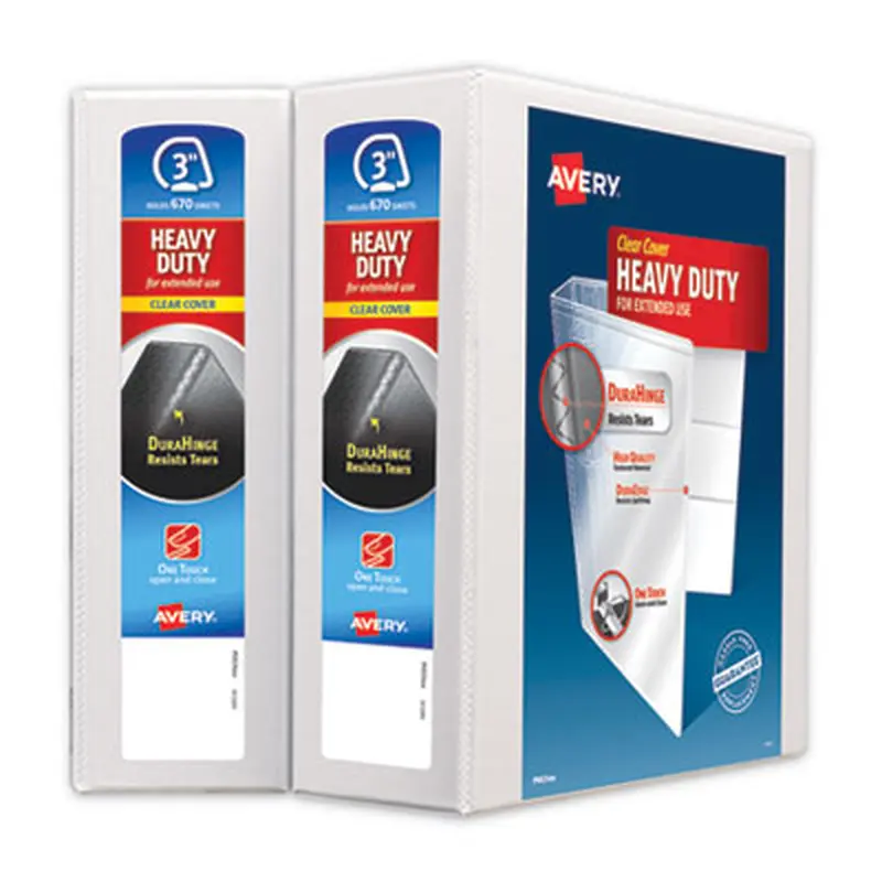 Heavy-Duty Non Stick View Binder with DuraHinge and Slant Rings, 3 Rings, 3" Capacity, 11 x 8.5, White, 2/Pack - Binders | Avery