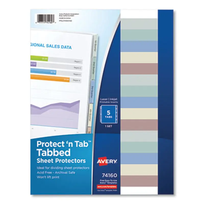 Protect 'n Tab Sheet Protectors, 5-Tabs, Heavy-Duty, Side: 3-Hole Punched, Top Load 8.5 x 11 Insert, Clear, 5/Set - Sheet Protectors | Avery