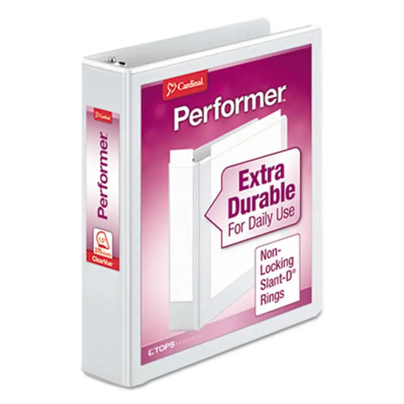 Performer ClearVue Slant-D Ring Binder, 3 Rings, 1.5" Capacity, 11 x 8.5, White - Binders | Cardinal