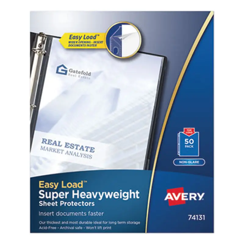 Super Heavyweight Easy Load Non-Glare Sheet Protector, Side: 3-Hole Punched, Top Load 8.5 x 11 Insert, Clear Front, 50/Box - Sheet Protectors | Avery