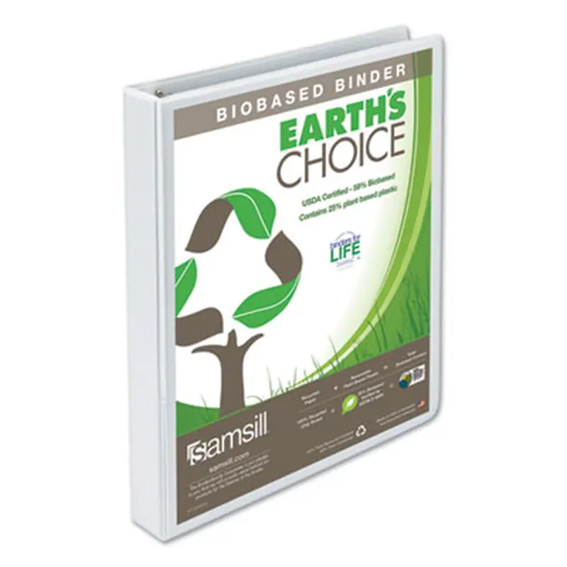 Earth's Choice Plant-Based Round Ring View Binder, 3 Rings, 1" Capacity, 11 x 8.5, White - Binders | Samsill