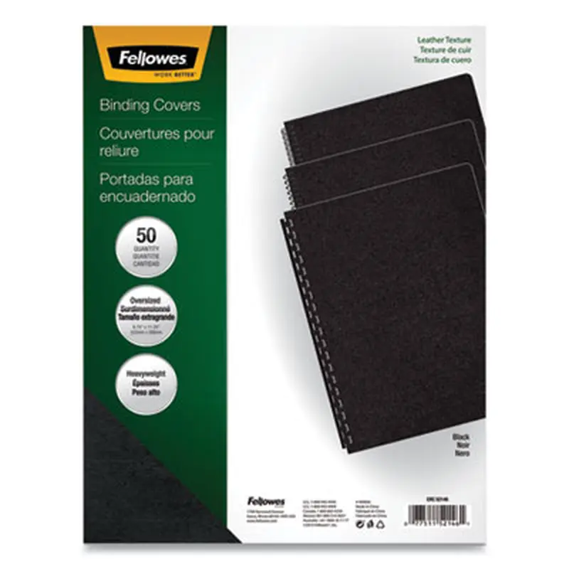 Executive Leather-Like Presentation Cover, Plastic, Round Corners, 11.25 x 8.75, Black, 50/Pack - Binding Systems Covers | Fellowes