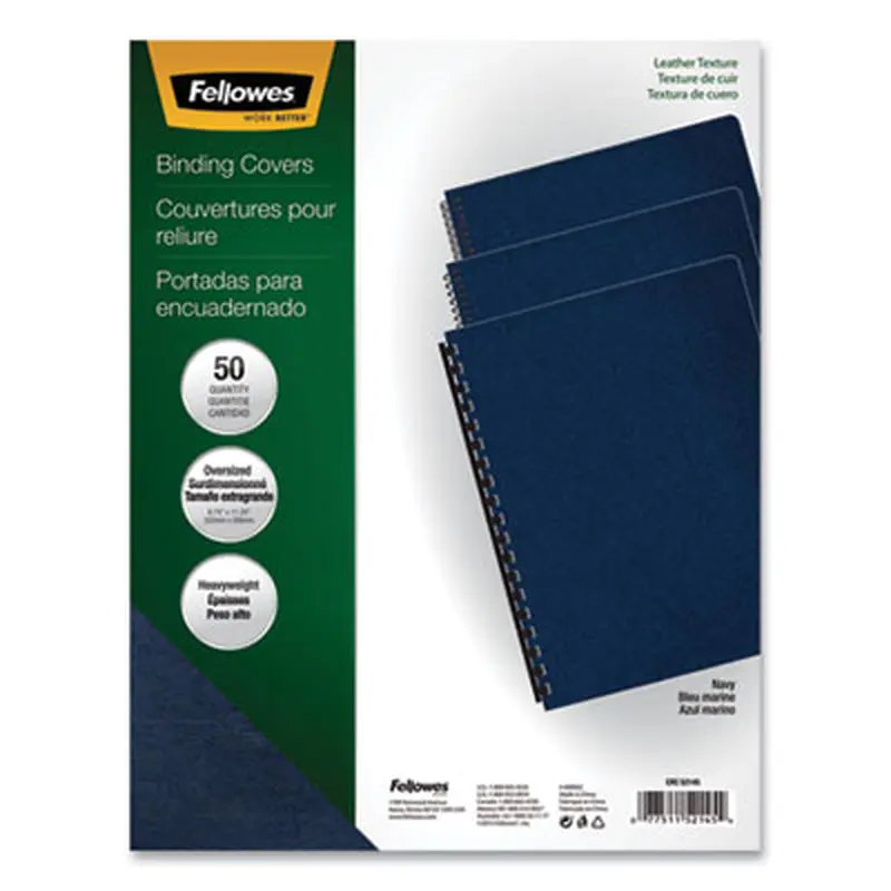 Executive Leather-Like Presentation Cover, Plastic, Round Corners, 11.25 x 8.75, Navy, 50/Pack - Binding Systems Covers | Fellowes