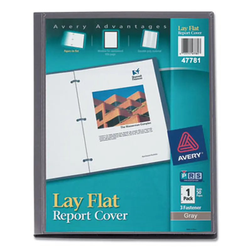 Lay Flat View Report Cover, Flexible Fastener, 0.5" Capacity, 8.5 x 11, Clear/Gray - Report Covers | Avery