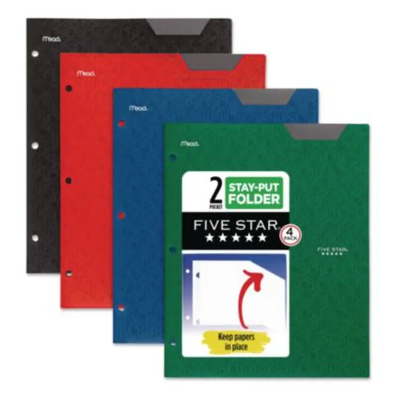 Two-Pocket Stay-Put Plastic Folder, 11 x 8.5, Assorted, 4/Pack - Pocket Folders | Five Star