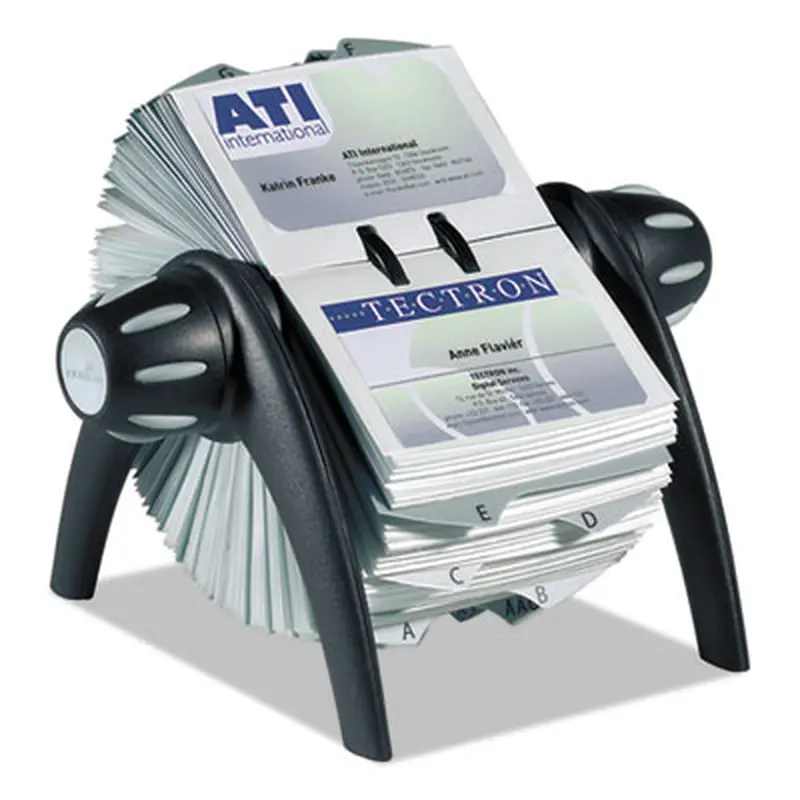 VISIFIX Flip Rotary Business Card File, Holds 400 2.88 x 4.13 Cards, 8.75 x 7.13 x 8.06, Plastic, Black/Silver - Card Holders | Durable