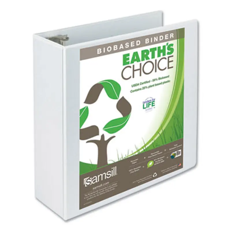 Earth's Choice Plant-Based Round Ring View Binder, 3 Rings, 4" Capacity, 11 x 8.5, White - Binders | Samsill