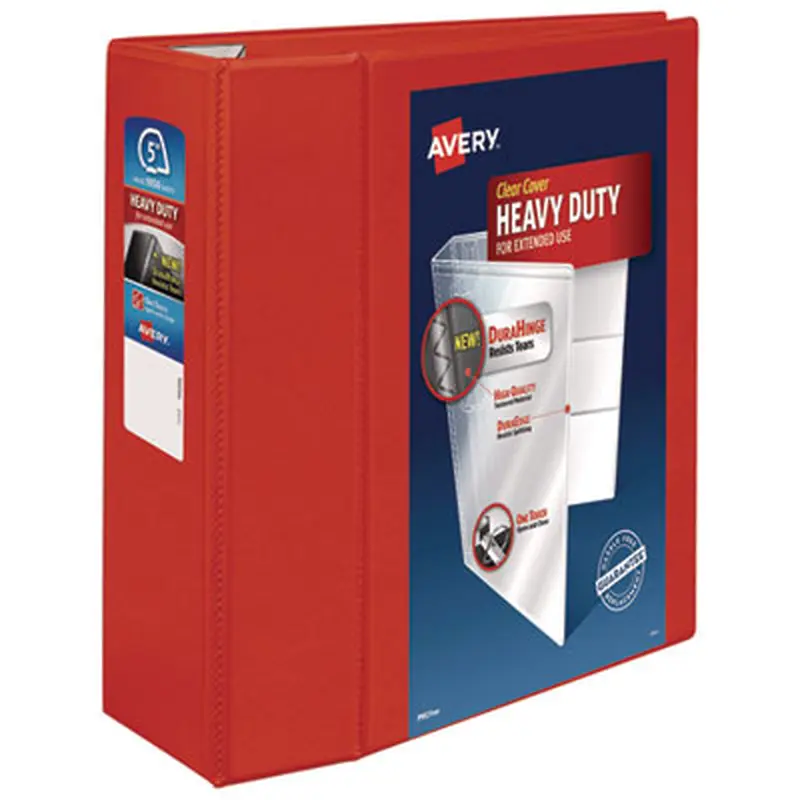 Heavy-Duty View Binder with DuraHinge and Locking One Touch EZD Rings, 3 Rings, 5" Capacity, 11 x 8.5, Red - Binders | Avery