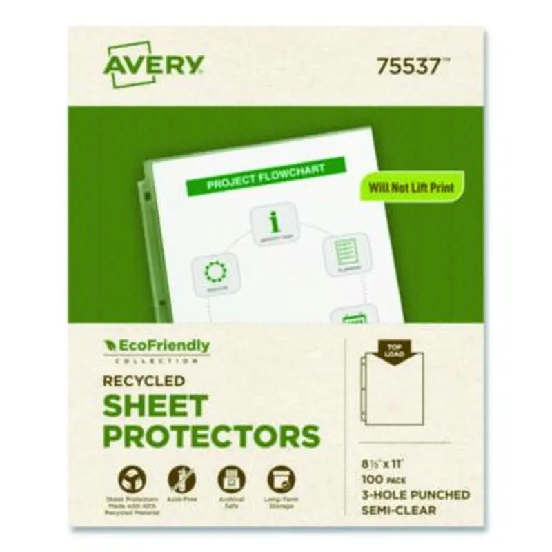 Recycled Economy Weight Sheet Protector, Side: 3-Hole Punched, Top Load 8.5 x 11 Insert, Semi-Clear Front, 100/Box - Sheet Protectors | Avery