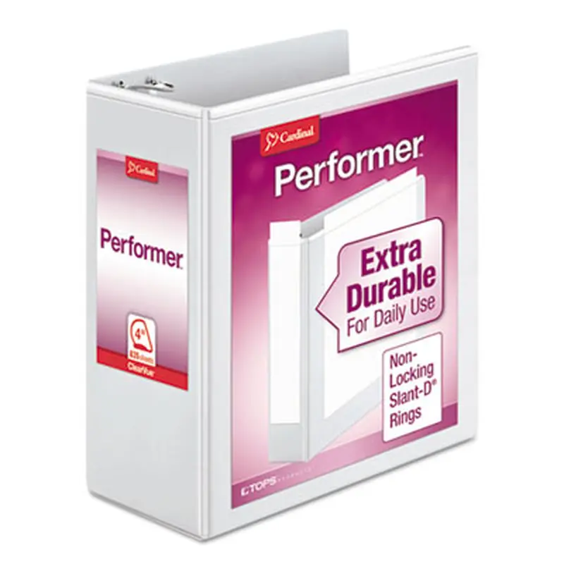 Performer ClearVue Slant-D Ring Binder, 3 Rings, 4" Capacity, 11 x 8.5, White - Binders | Cardinal