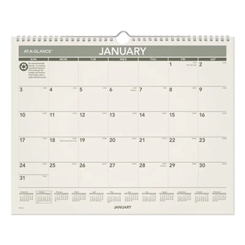 Recycled Wall Calendar, Unruled Blocks, 15 x 12, Sand/Green Sheets, 12-Month (Jan to Dec): 2026 - Wall Calendars | AT-A-GLANCE