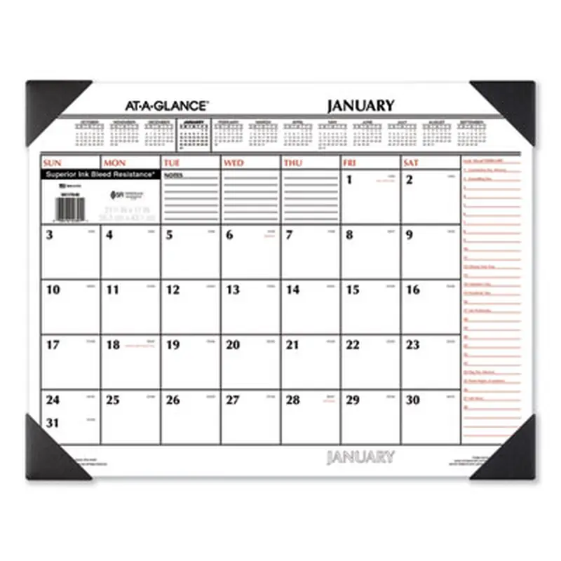 Two-Color Monthly Desk Pad Calendar, 21.75 x 17, White Sheets, Black Corners, 12-Month (Jan to Dec): 2026 - Desk Pad Calendars | AT-A-GLANCE