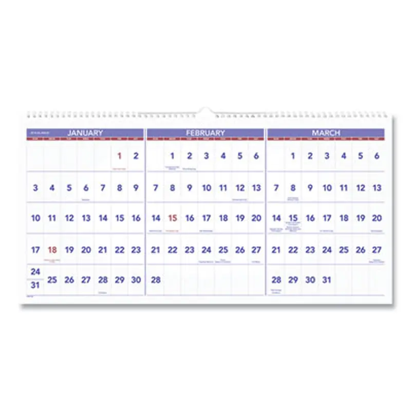 Deluxe Three-Month Reference Wall Calendar, Horizontal Orientation, 24 x 12, White Sheets, 15-Month: Dec 2025 to Feb 2027 - Wall Calendars | AT-A-GLANCE