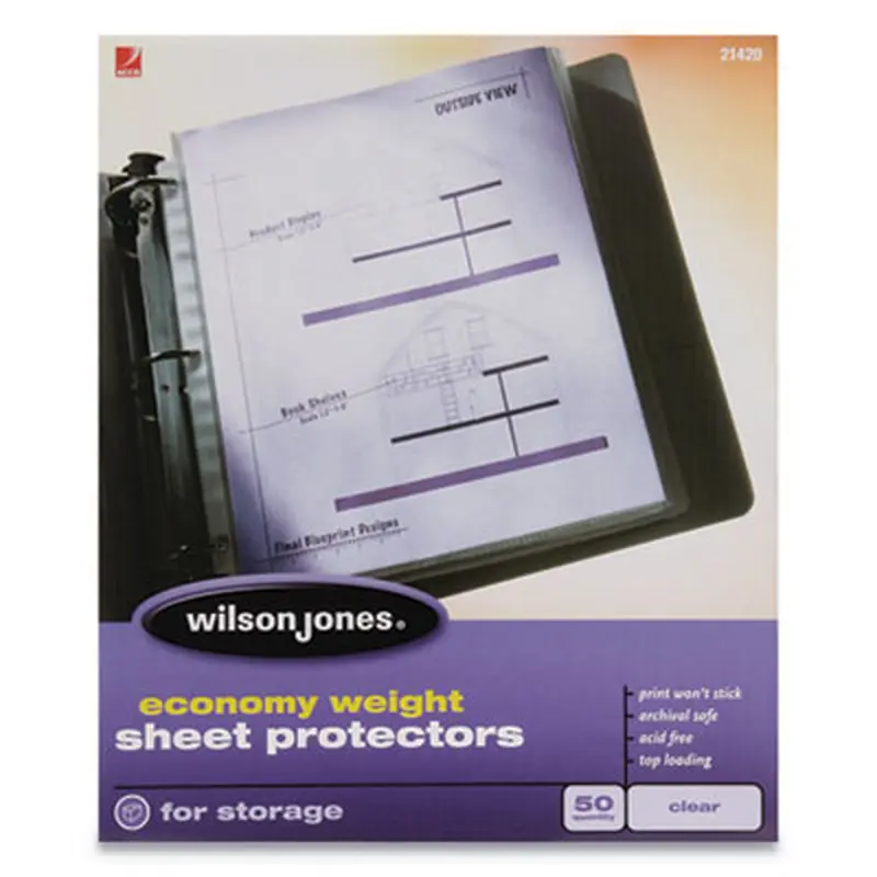 Economy Weight Top-Loading Sheet Protectors, Light-Duty, Side: 3-Hole Punched, 8.5 x 11 Insert, Clear Front, 50/Box - Sheet Protectors | Wilson Jones