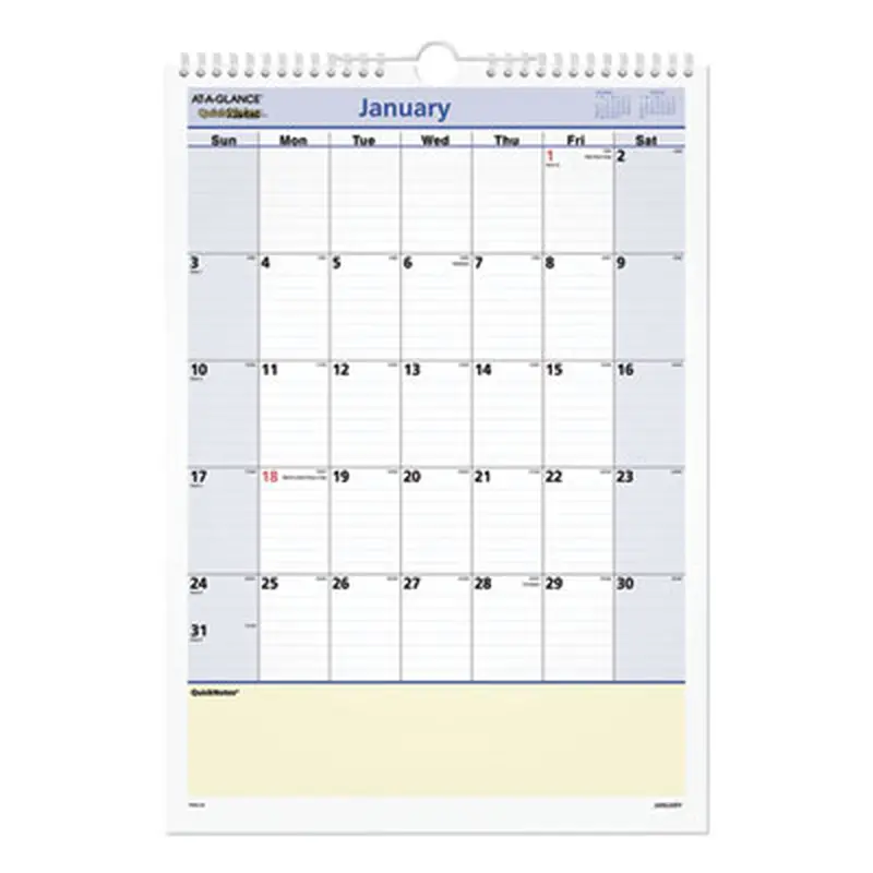 QuickNotes Wall Calendar, 12 x 17, White/Blue/Yellow Sheets, 12-Month (Jan to Dec): 2026 - Wall Calendars | AT-A-GLANCE