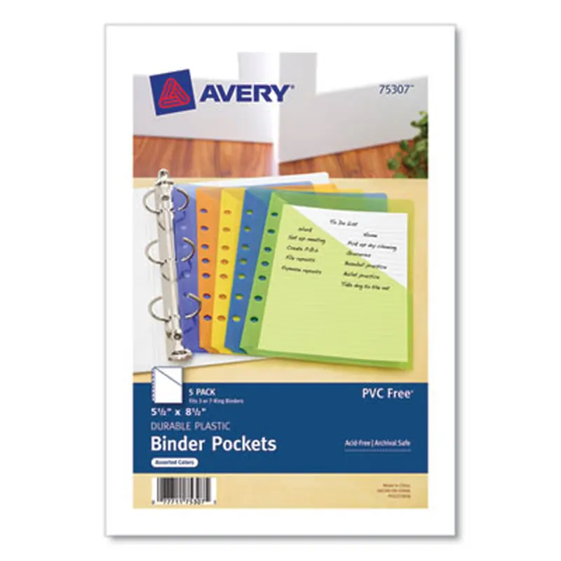 Small Binder Pockets, Standard, 7-Hole Punched, Assorted, 9.25 x 5.5, 5/Pack - Binder Pockets | Avery