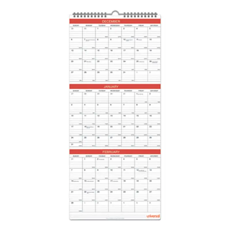 Three-Month Wall Calendar, 12 x 27, White/Red Sheets, 14-Month: Dec 2025 to Jan 2027 - Wall Calendars | Universal
