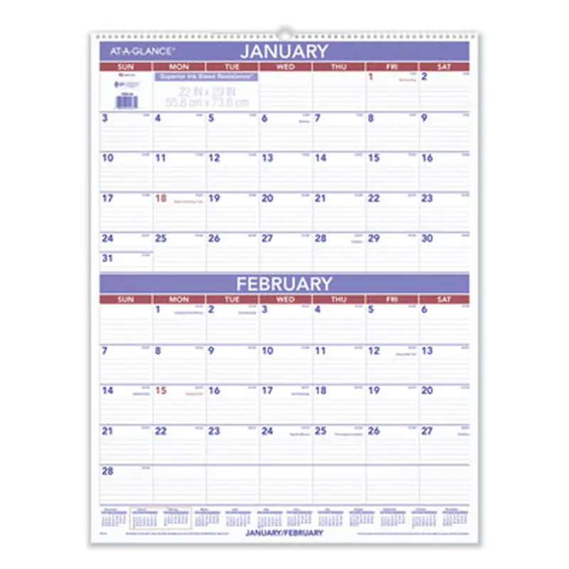 Two-Month Wall Calendar, 22 x 29, White/Blue/Red Sheets, 12-Month (Jan to Dec): 2026 - Wall Calendars | AT-A-GLANCE