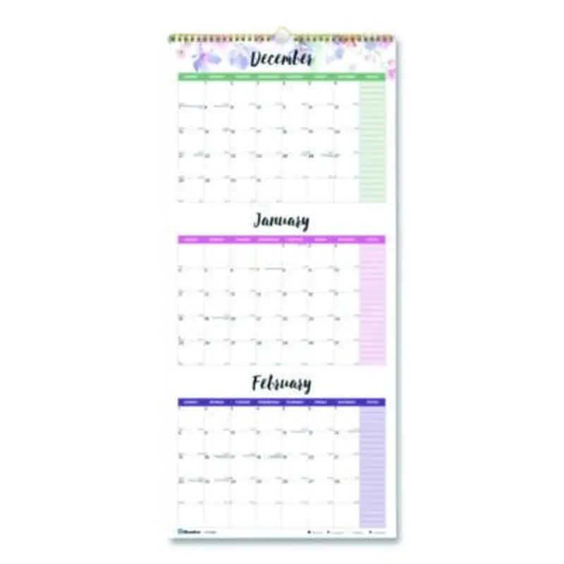 3-Month Quarterly Wall Calendar, Passion Floral Artwork, 12.25 x 27, White/Multicolor Sheets, 14-Month: Dec 2025 to Jan 2027 - Wall Calendars | Blueline