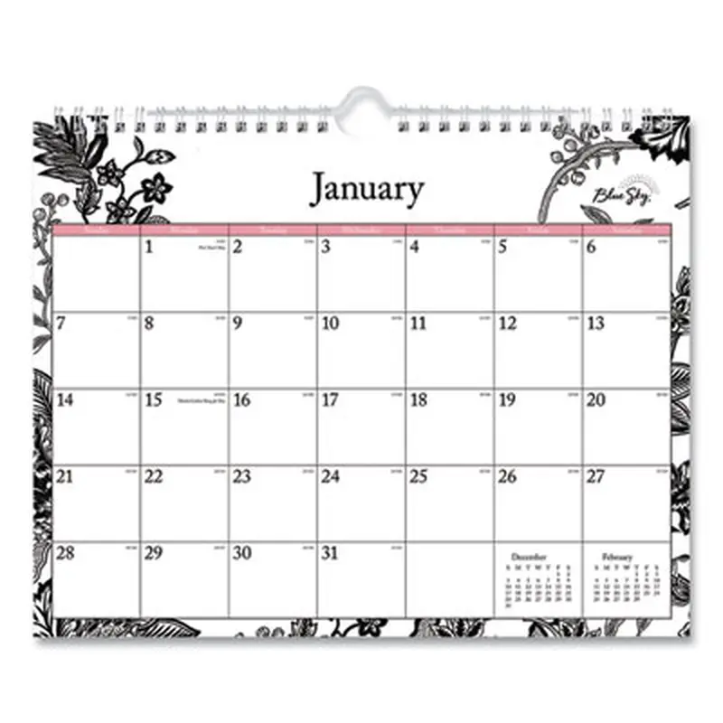 Analeis Wall Calendar, Floral Artwork, 11 x 8.75, White/Black/Coral Sheets, 12-Month (Jan to Dec): 2026 - Wall Calendars | Blue Sky