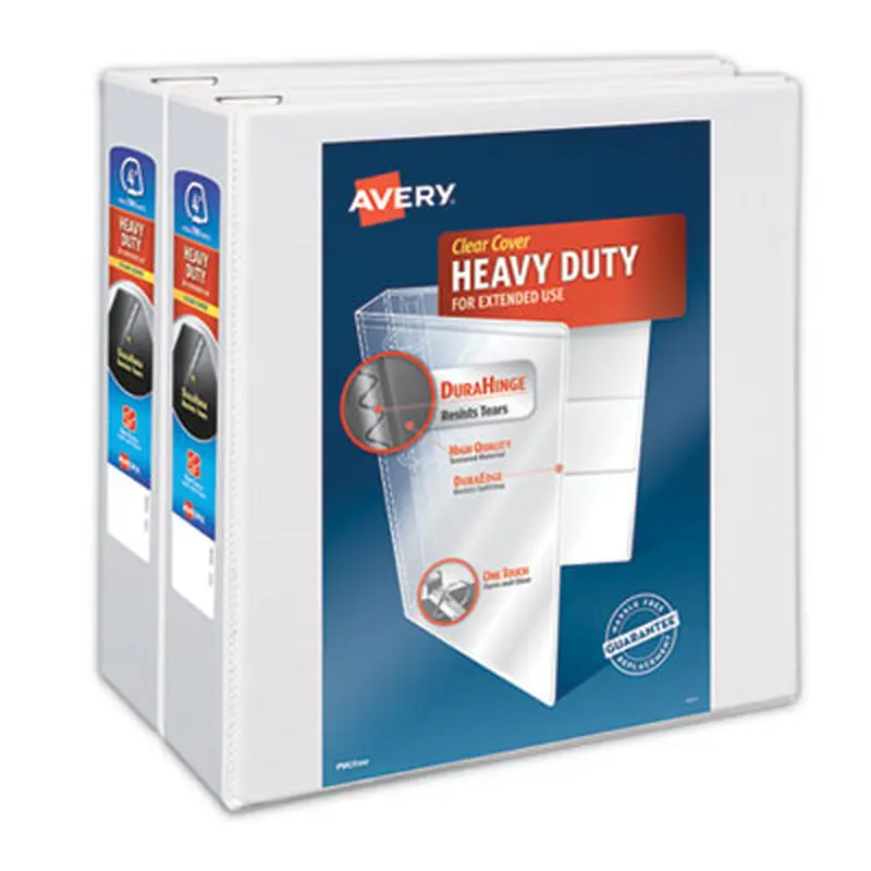 Heavy-Duty Non Stick View Binder with DuraHinge and Slant Rings, 3 Rings, 4" Capacity, 11 x 8.5, White, 2/Pack - Binders | Avery