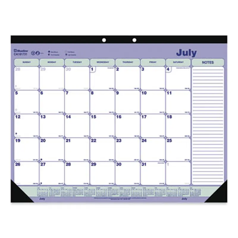 Academic 13-Month Desk Pad Calendar, 21.25 x 16, White/Blue/Green Sheets, Black Headband, 13-Month: July 2025 to July 2026 - Desk Pad Calendars | Blueline