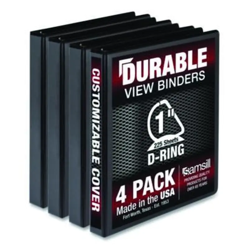 Durable D-Ring View Binders, 3 Rings, 1" Capacity, 11.5" x 8.5", Black, 4/Pack - Binders | Samsill