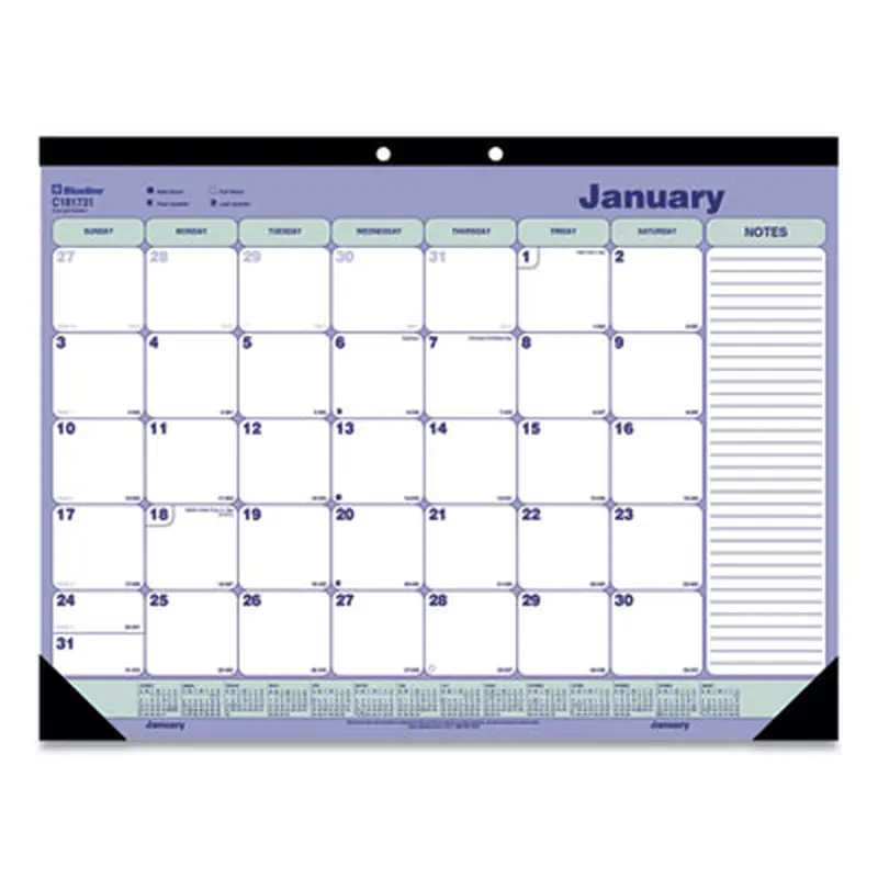 Monthly Desk Pad Calendar, 21.25 x 16, White/Blue/Green Sheets, Black Binding, Black Corners, 12-Month (Jan to Dec): 2026 - Desk Pad Calendars | Blueline