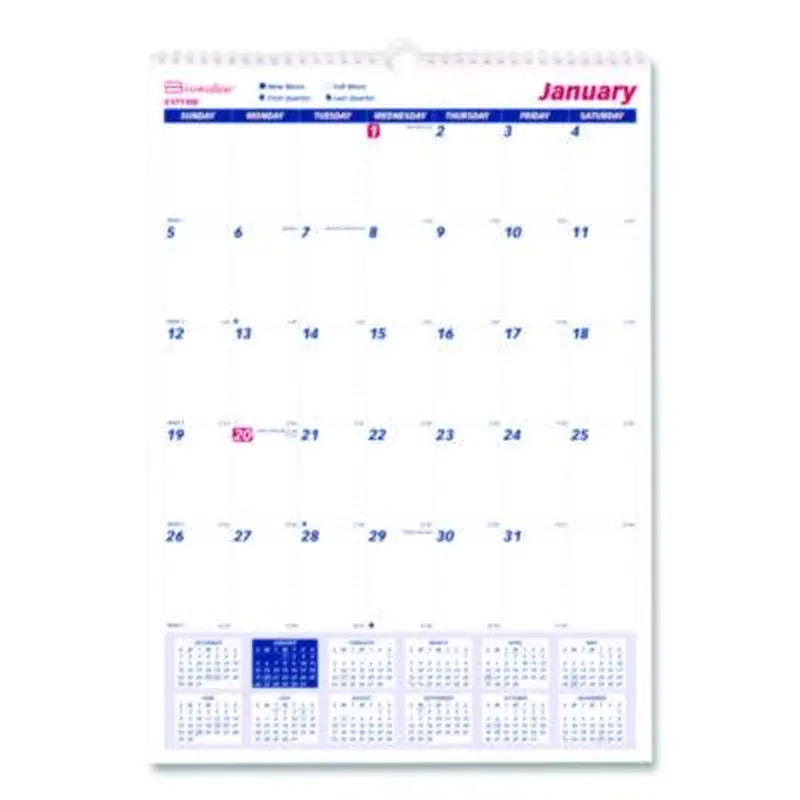 Twin-Wirebound Wall Calendar, One Month per Page, 12 x 17, White/Blue Sheets, 12-Month (Jan to Dec): 2026 - Wall Calendars | Brownline