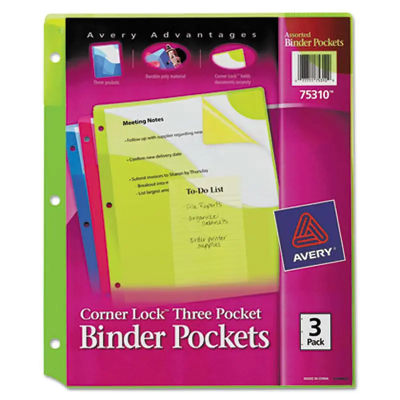 Corner Lock Three-Pocket Binder Pocket, 9.25 x 11.25, Assorted Color, 3/Pack - Binder Pockets | Avery