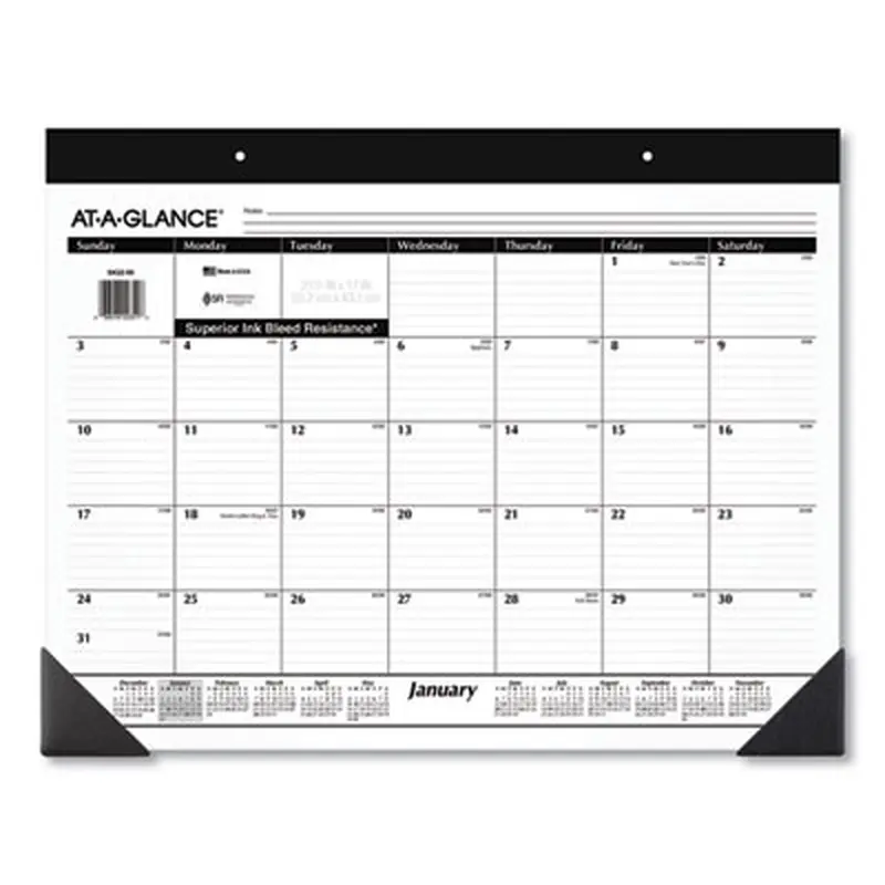 Monthly Refillable Desk Pad, 22 x 17, White Sheets, Black Binding, Black Corners, 12-Month (Jan to Dec): 2026 - Desk Pad Calendars | AT-A-GLANCE