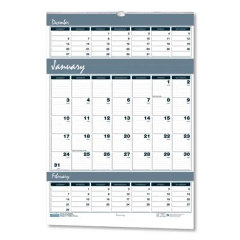 Bar Harbor Recycled Wirebound 3-Months-per-Page Wall Calendar, 15.5 x 22, White/Blue/Gray, 14-Month: Dec 2025 to Jan 2027 - Wall Calendars | House of Doolittle